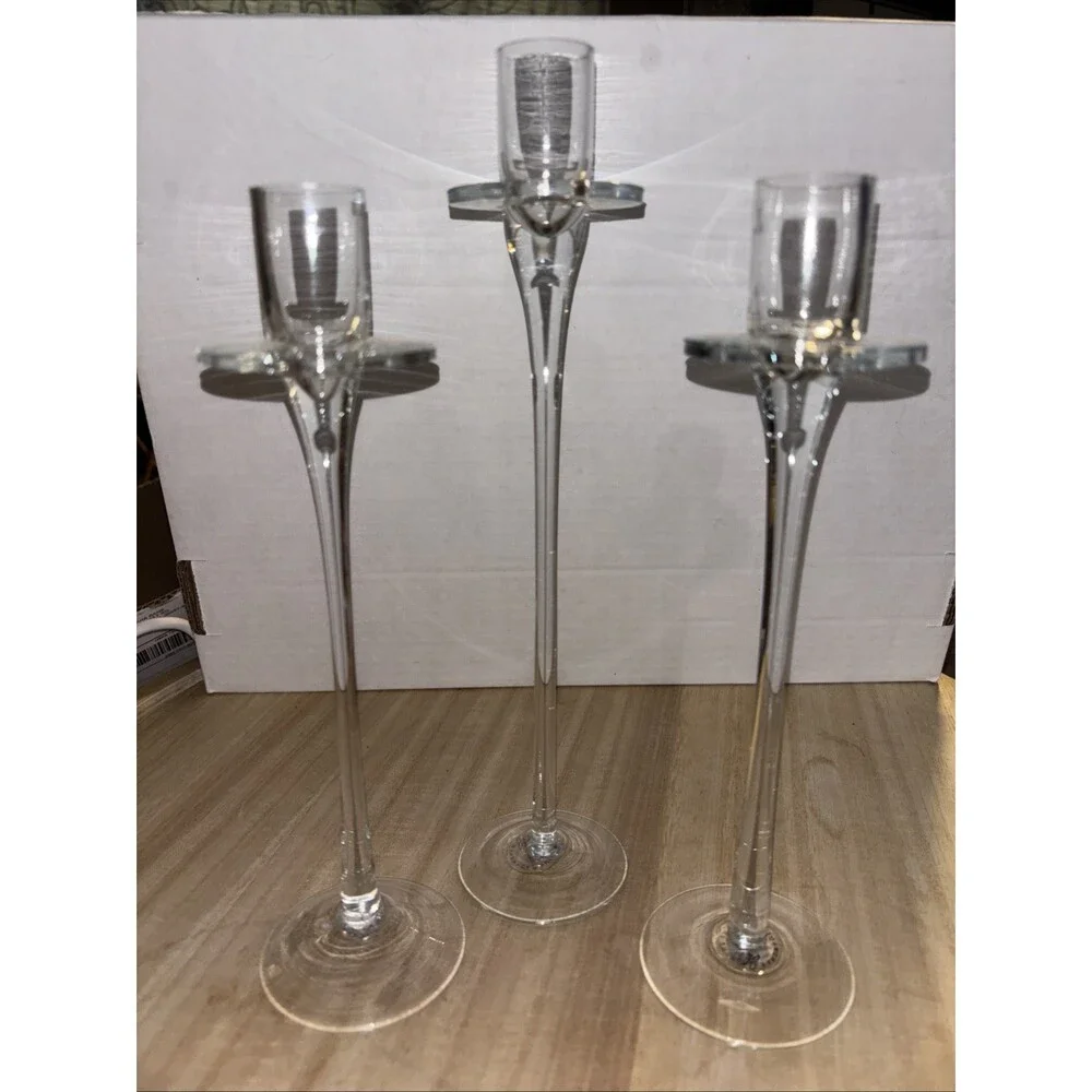 Vintage International Silver Co Clear Glass Long Stem Candle Holders Set of 3